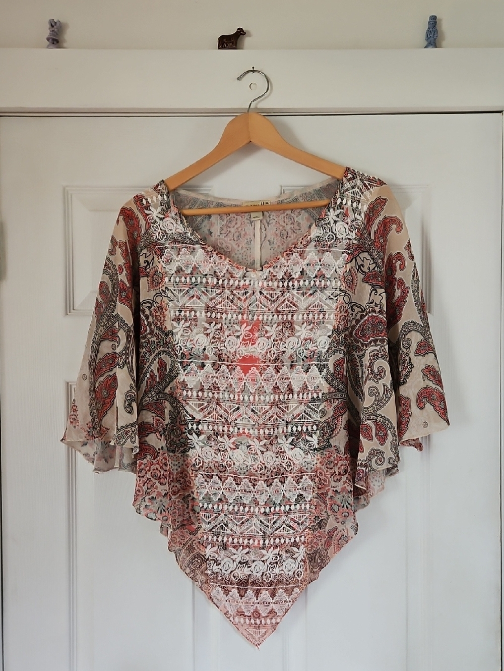 ONE WORLD Paisley Embroiderd Front Poncho Tunic - Peach & Beige